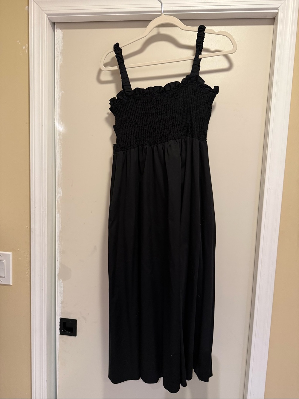 Topshop Black Smocked Bust Midi Dress with Ruffled Trim